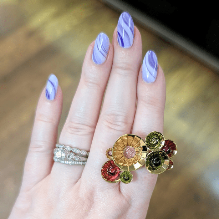 A very cool contemporary tourmaline and gold ring by Narciss fine jewellery, seen at NYCJAOS Spring 2025.
