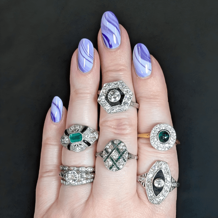 Beautiful antique onyx, emerald, and diamond rings from Ashley Zhang Jewelry, seen at NYCJAOS Spring 2025
