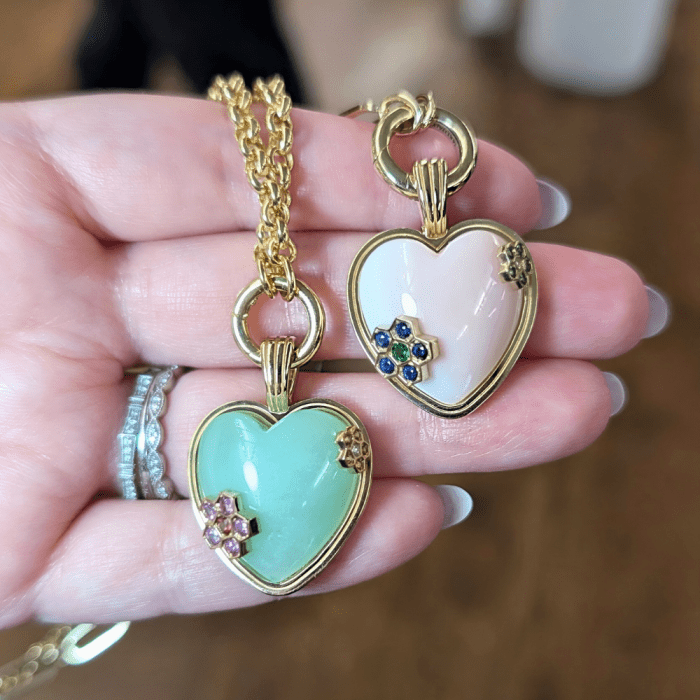 Colored gemstone heart and flower necklaces by Gigi Ferranti Jewelry, seen at NYCJAOS Spring 2025