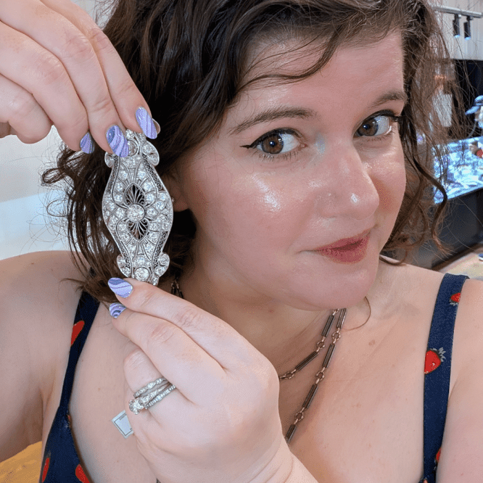 Extraordinary antique platinum and diamond brooch from Bluestone Trading! Seen at NYCJAOS Spring 2025.