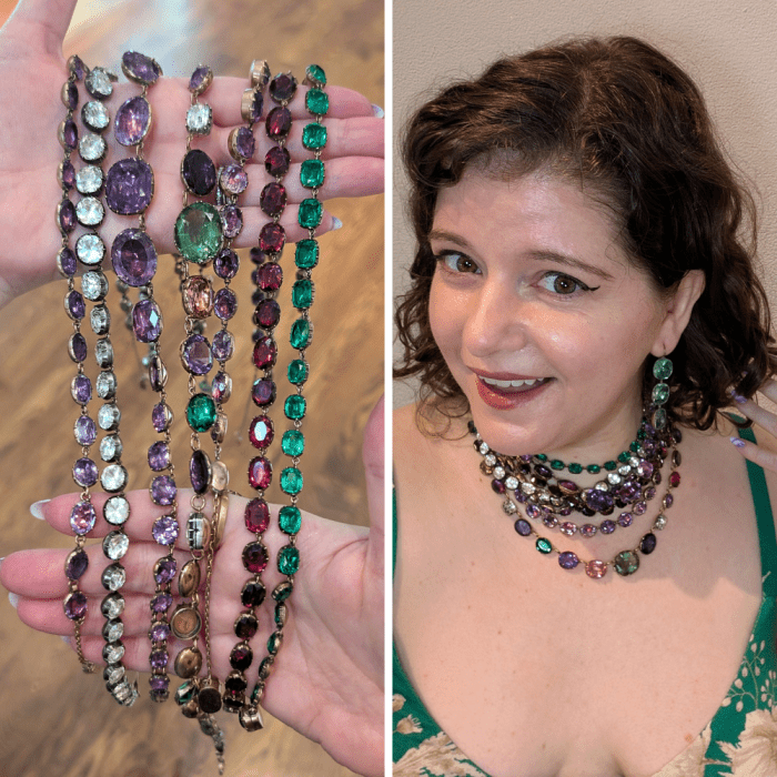 I loved wearing this enormous stack of antique gemstone and paste riviere necklaces at A Pocket of Rocks!!