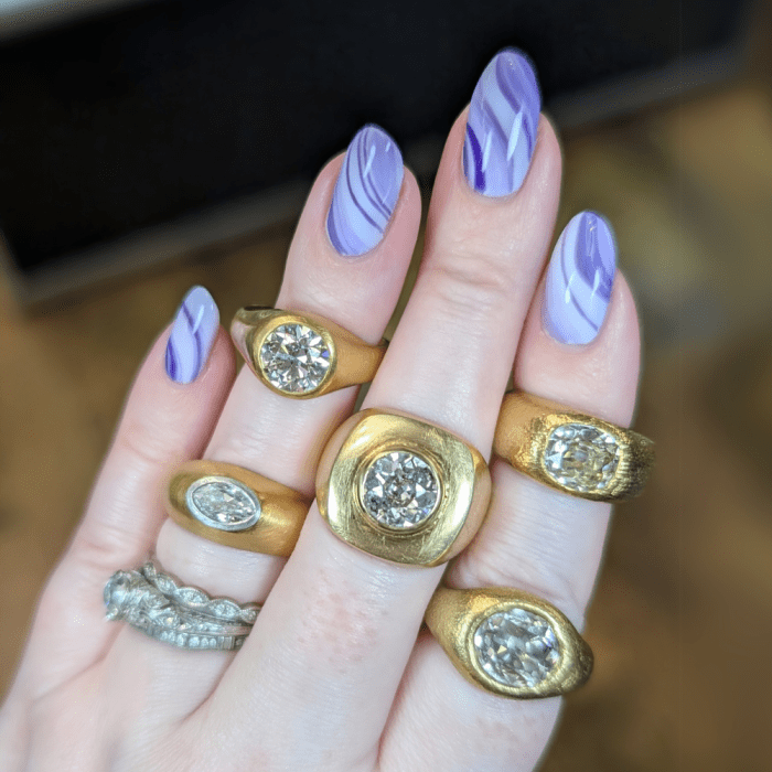 These chunky gold and diamond rings by Duvenay would be such cool engagement rings! Seen at NYCJAOS