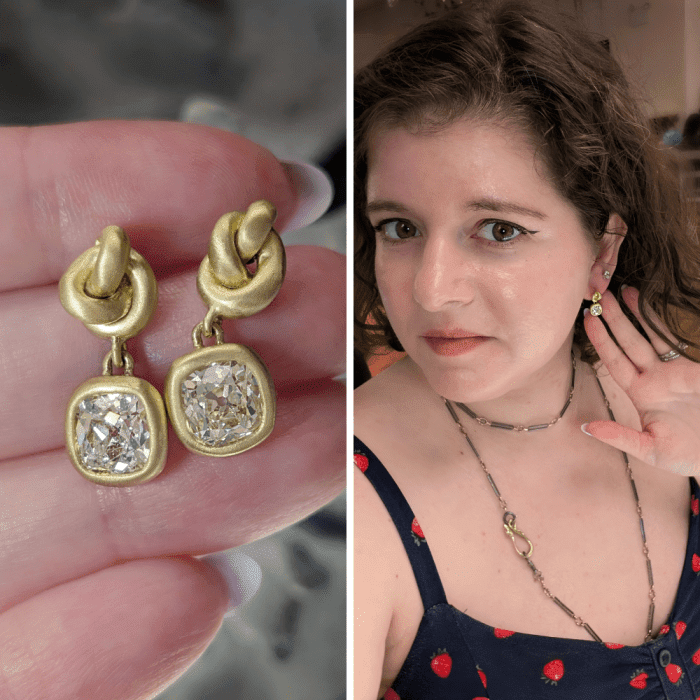 These modern earrings by Kali Zoe feature antique old mine cut diamonds! Seen at NYCJAOS Spring 2025