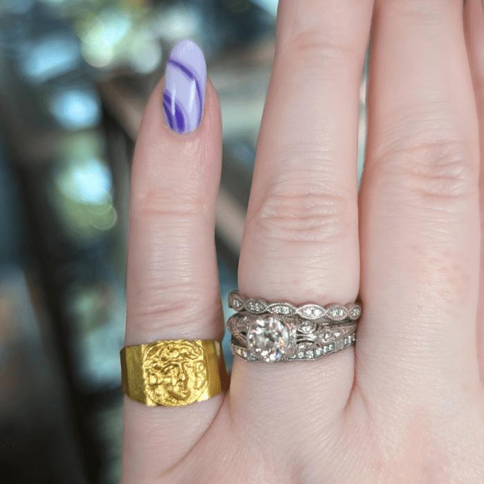 This ancient Medusa ring was made from a single sheet of gold. Seen at Duvenay during NYCJAOS Spring 2025.