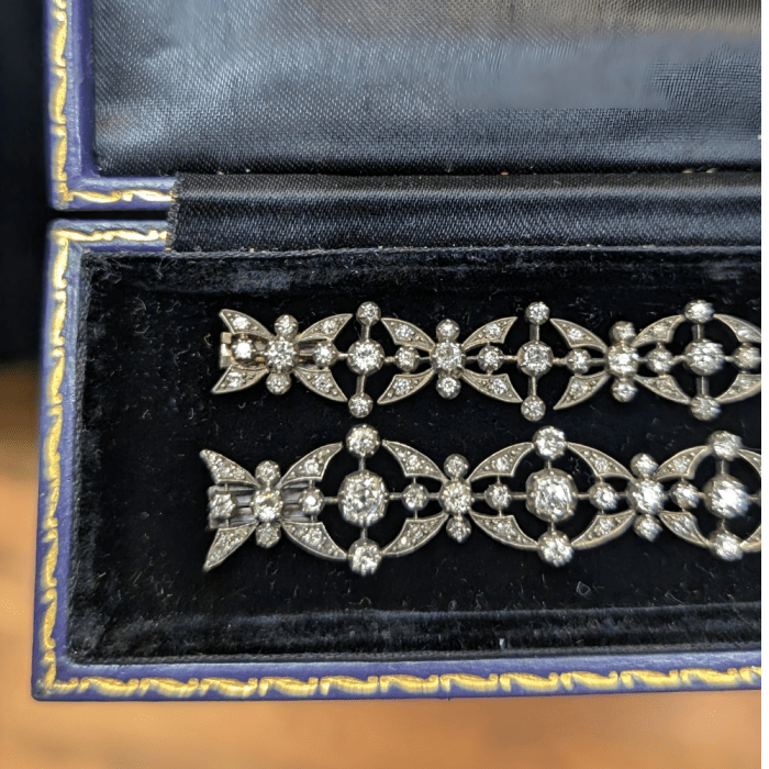 This convertible antique jewel can be worn as two diamond bracelets or one necklace. Seen at Courtville Antiques.