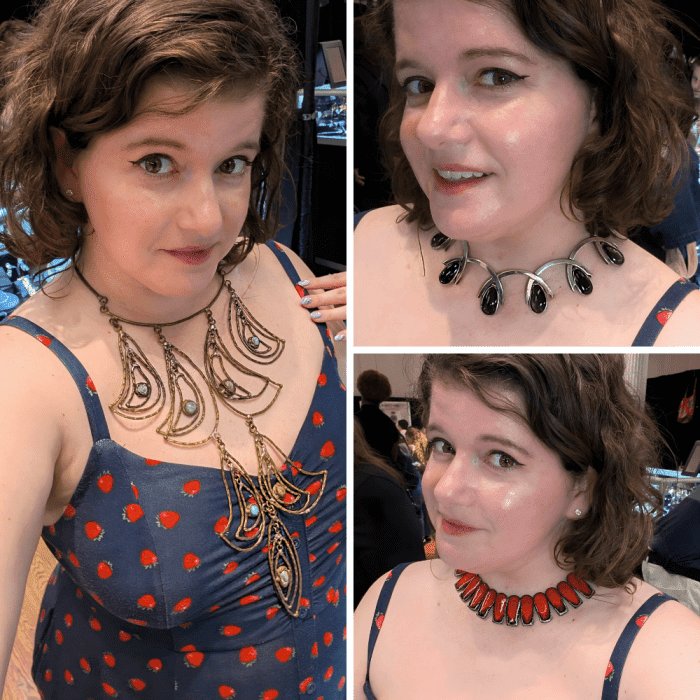 Trying on incredible vintage necklaces from Lisa Kramer Vintage at NYCJAOS Spring 2025.