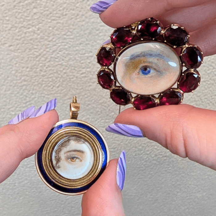 Two examples of antique Lover's Eye jewelry from Marilyn & Co. Seen at NYCJAOS Spring 2025.