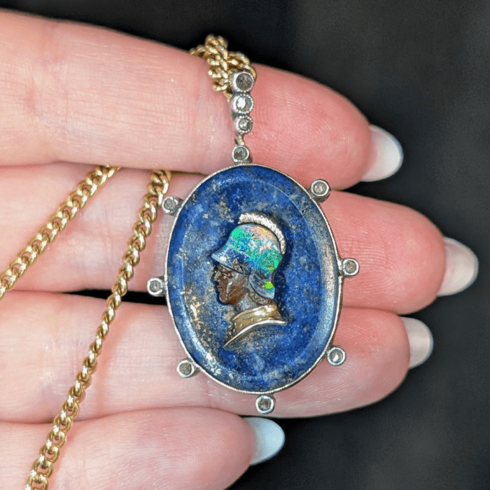 Victorian era opal and lapis pendant from Reverie, seen at NYCJAOS Spring 2025.