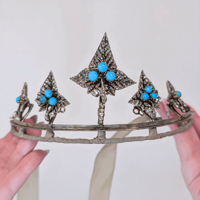 Victorian era turquoise tiara with removable leaf brooches, from Legacy London.