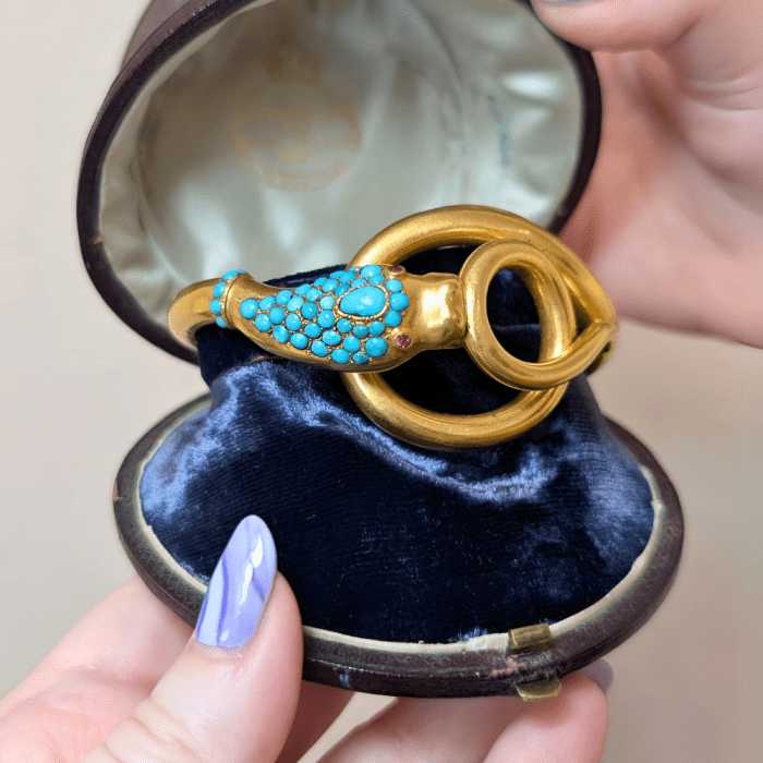 Victorian snake bracelet with turquoise and ruby eyes, from Estate Jewelry Mama