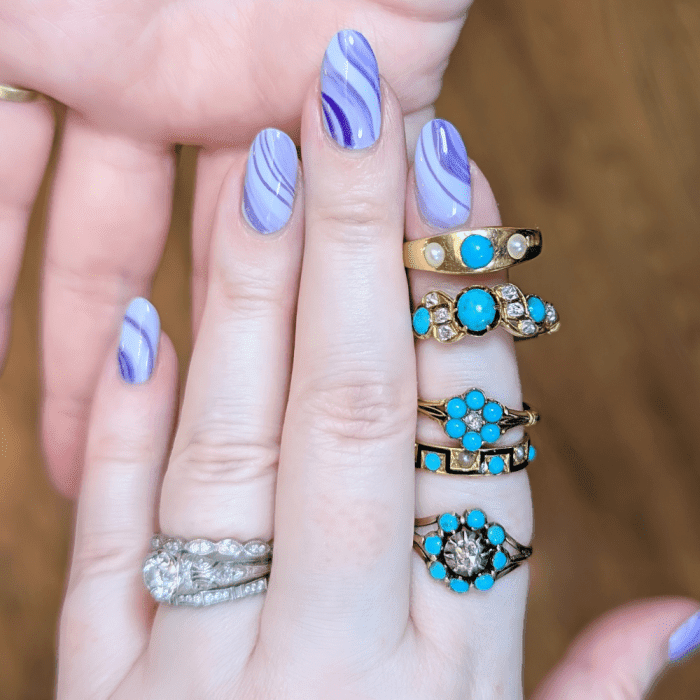Victorian turquoise rings in gold, from Kitty Verity. Seen at NYCJAOS Spring 2025.