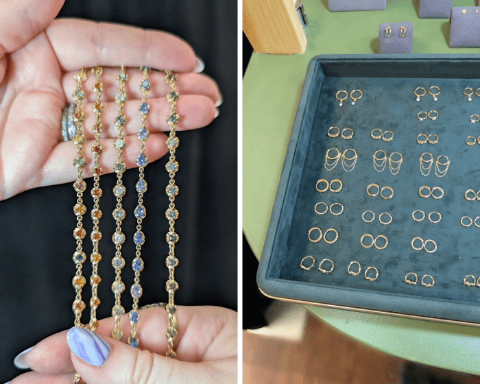 Gemstone bracelets and gold huggie earrings by Human Design Studios, seen at NYCJAOS Spring 2025