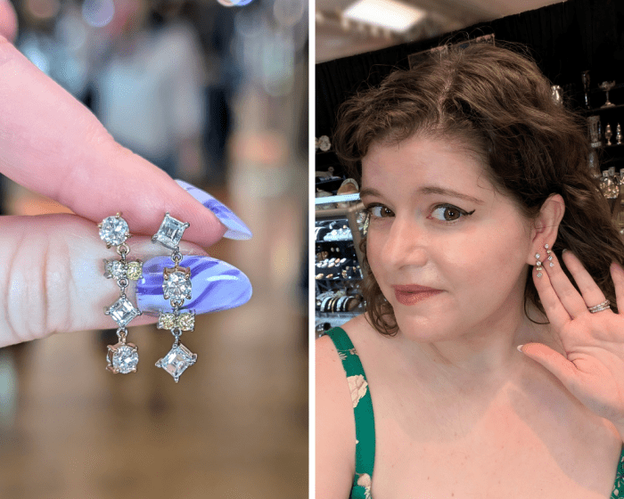 White and colored diamond earrings by Ariis Jewelry, seen at NYCJAOS Spring 2025!