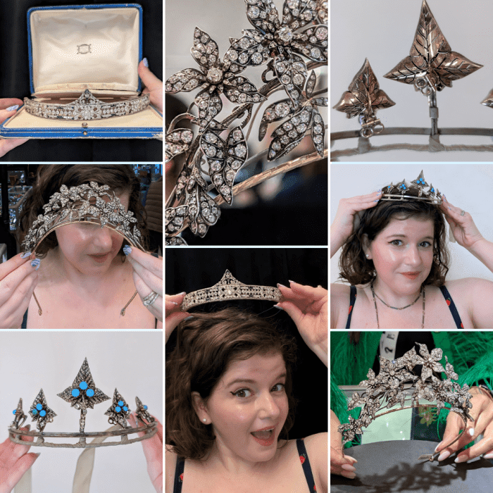 Trying on three antique tiaras in one day!