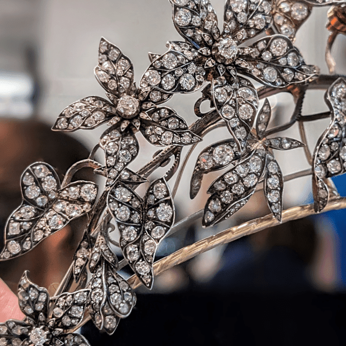 A magnificent en tremblant floral tiara from Paul Fisher, close up, seen at NYCJAOS Spring 2025!