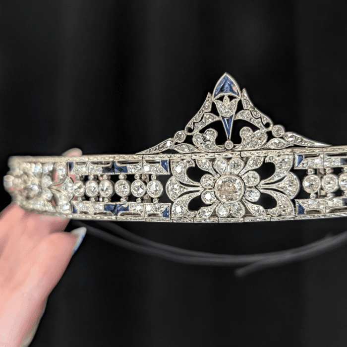 A stunning antique diamond and sapphire tiara from Courtville Antiques! Seen at NYCJAOS Spring 2025.