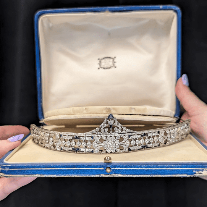 A stunning antique diamond and sapphire tiara from Courtville Antiques, in box. Seen at NYCJAOS Spring 2025.