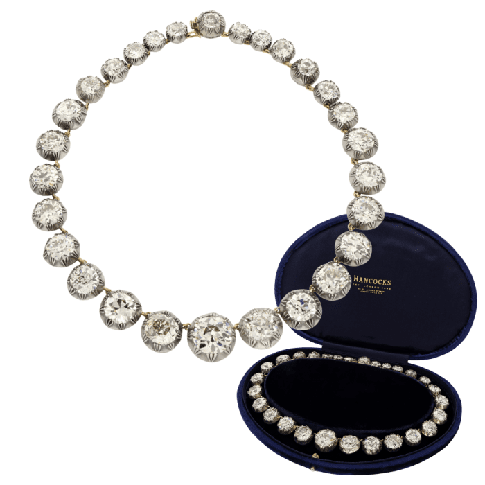 The 110 carat Georgian diamond rivière necklace is the best antique riviere I've ever seen. I love the antique collet settings!