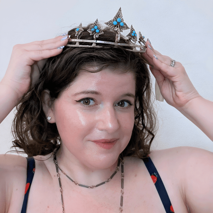 Victorian era turquoise tiara with removable leaf brooches, try on, from Legacy London.