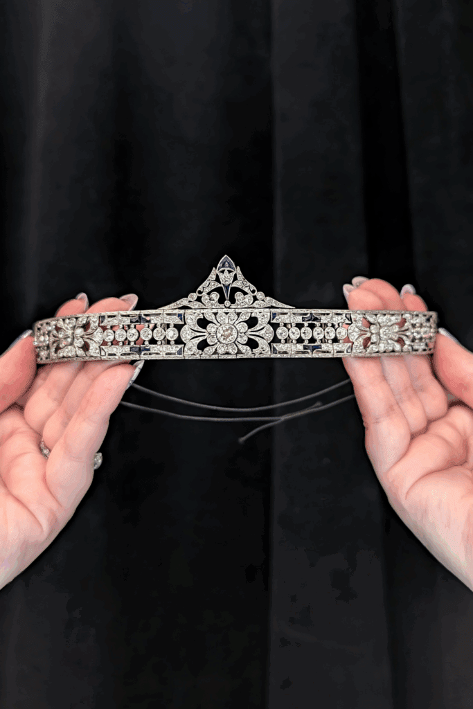 A stunning antique diamond and sapphire tiara from Courtville Antiques, seen at NYCJAOS Spring 2025.
