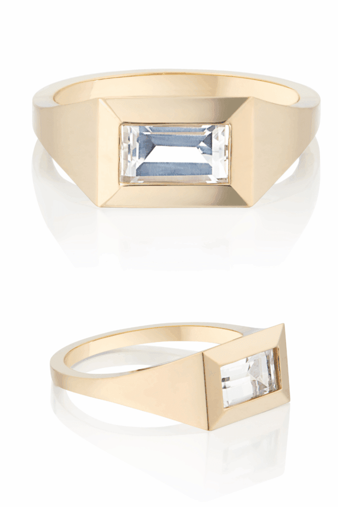 The Once engagement ring by Lindley Gray with a 1.01 ct natural baguette diamond.