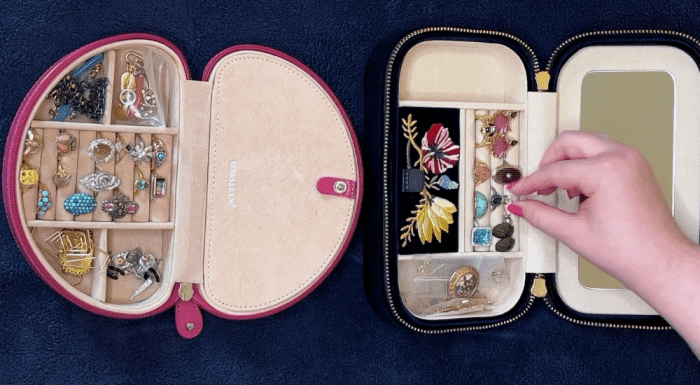 The first step in packing my large jewelry collection was to put rings in jewelry travel cases.