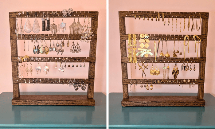I have four of these wooden earrings organizers on the top shelf of my jewelry box to hold all my earrings