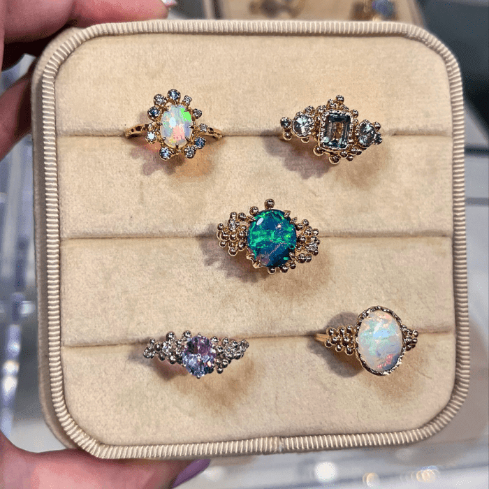 Gemstone and opal rings by Vazanaa Studio. Seen during CURATED at Luxury Lifestyle.