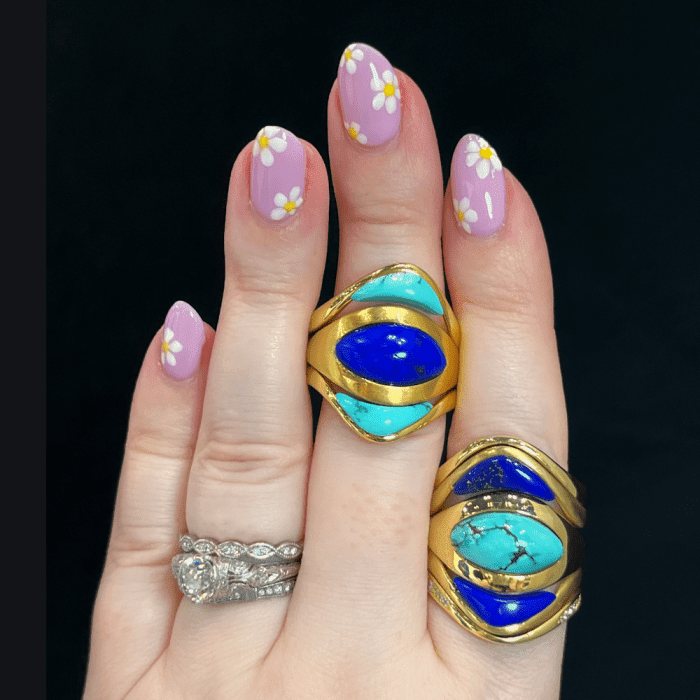 Mercurius Jewelry's Shadow Stacker rings with lapis and turquoise in 18K Fairmined gold.