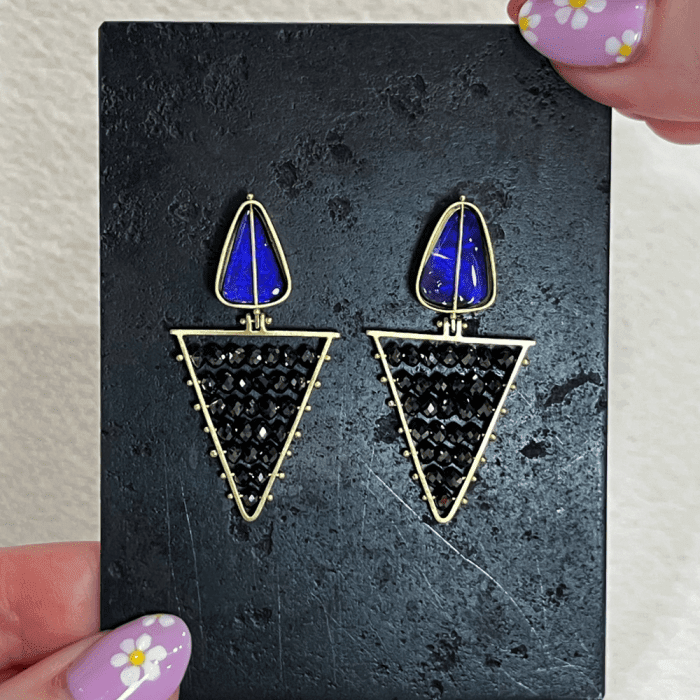 Opal and black diamond earrings in gold by Hilary Finck Jewelry