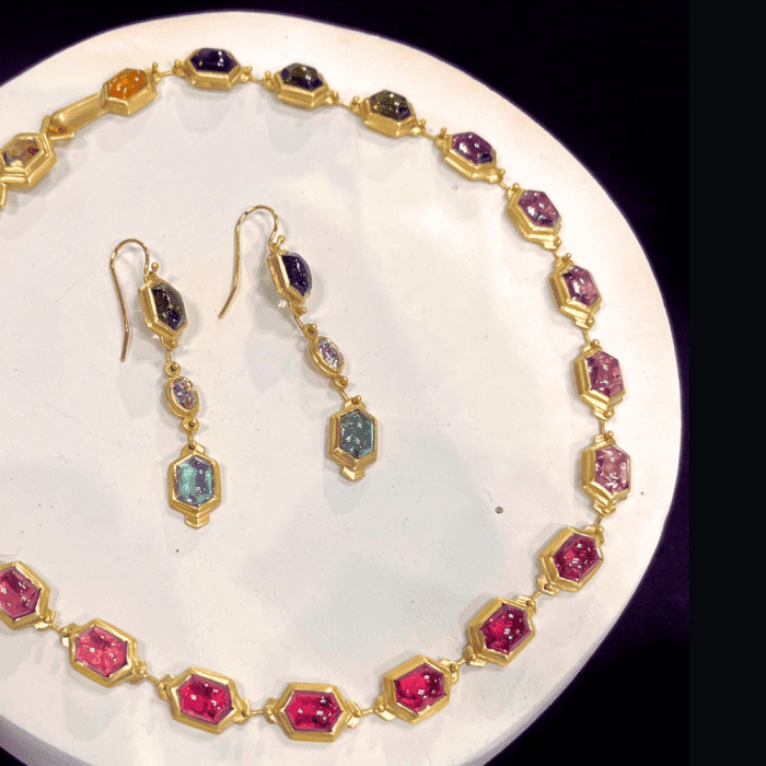 Rainbow tourmaline necklace and earrings by Stone Everett Fine Jewelry. Spotted during CURATED at Luxury Lifestyle.