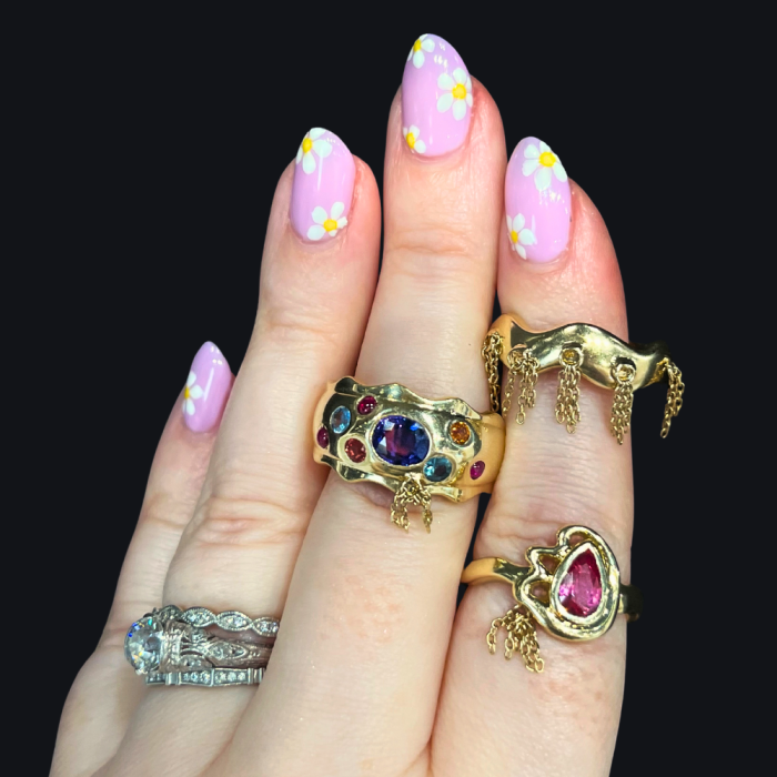 Three gold and gemstone fringe rings by Crevette Design Studio. Such fun bold gold rings!