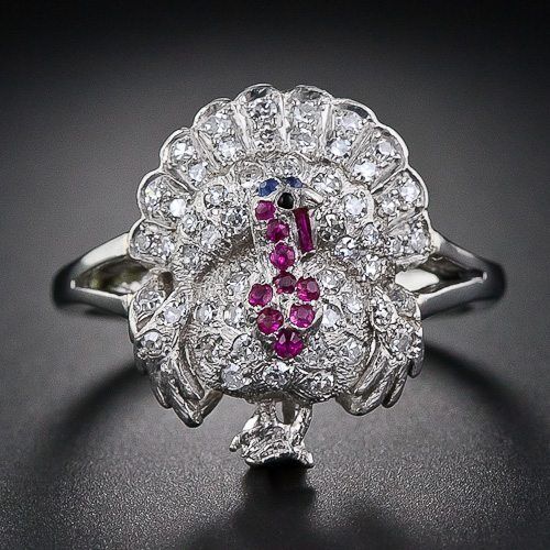 A diamond, ruby, sapphire and onyx turkey ring from 1920-1930. Via Diamonds in the Library.