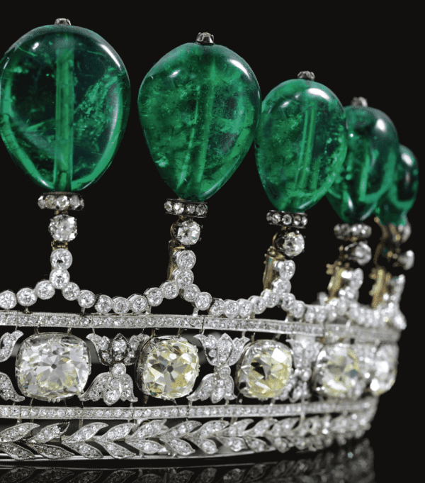 Detail: Magnificent and rare antique emerald and diamond tiara. Via Diamonds in the Library.