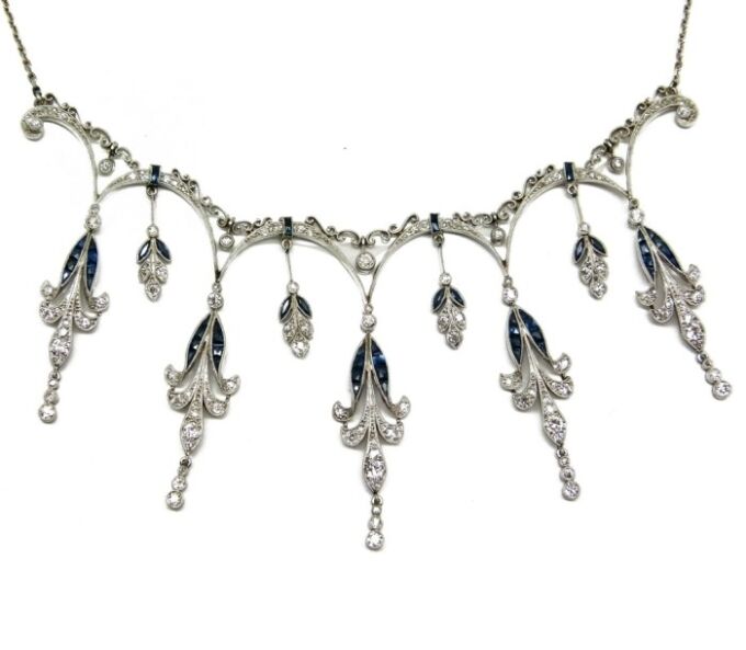 Belle Epoque diamond and sapphire fringe necklace. French, circa 1900. Via Diamonds in the Library.