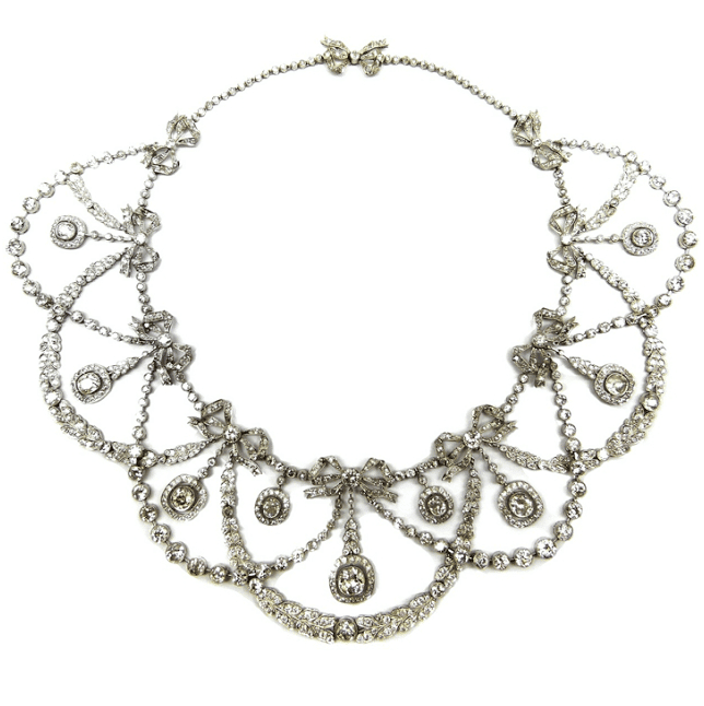 Belle Epoque diamond garland necklace with tiny bows, circa 1900. Via Diamonds in the Library.
