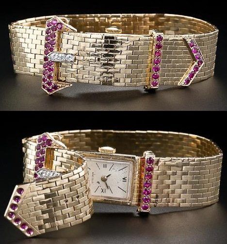 Retro buckle bracelet watch with diamonds and rubies. Circa 1940's. Via Diamonds in the Library.