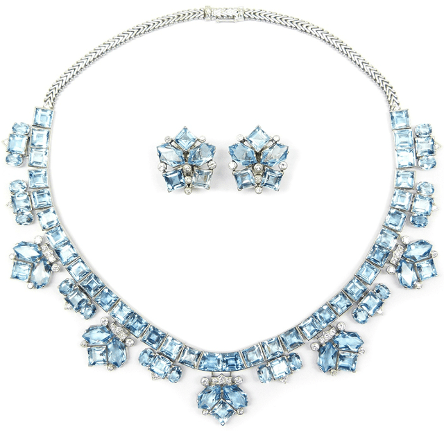 Diamond and aquamarine suite, by Cartier. Circa 1940. Via Diamonds in the Library.
