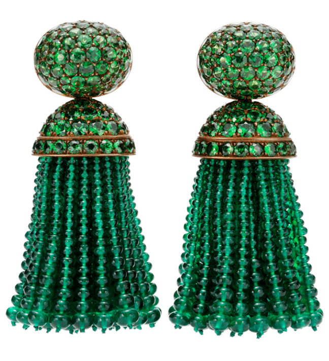 Glamorous Hemmerle emerald and tsavorite tassel earrings.