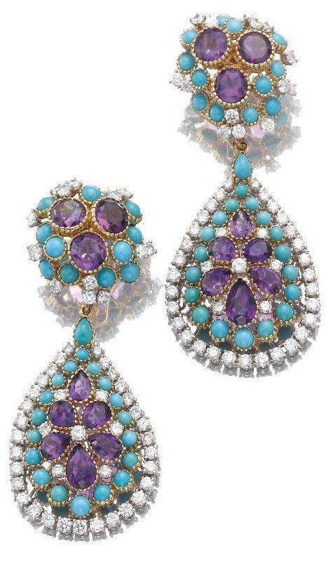 Turquoise, amethyst and diamond earrings by Cartier, Paris. Via Diamonds in the Library.