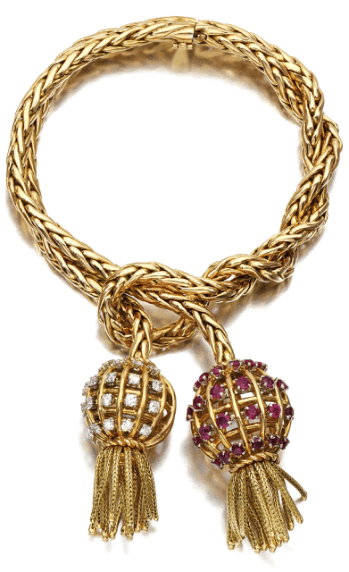 Retro gold, ruby, and diamond tassel bracelet by Sterlé, circa 1950. Via Diamonds in the Library.