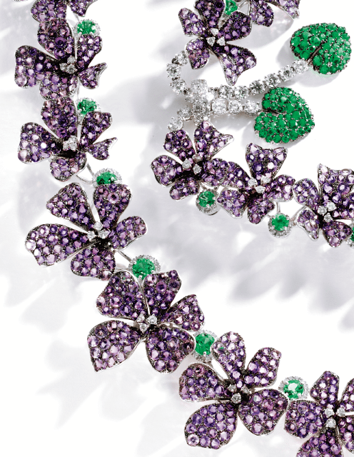 An amethyst, diamond, and emerald violet necklace by Michele della Valle. Via Diamonds in the Library.