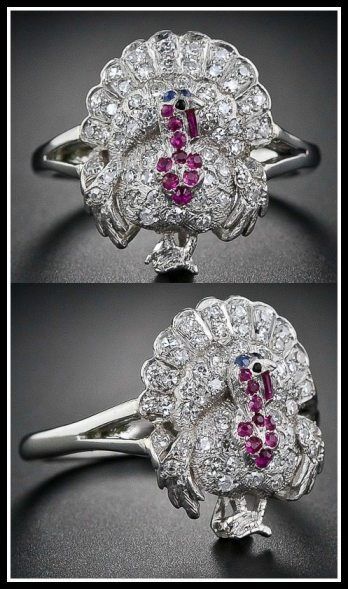 A diamond, ruby, sapphire and onyx turkey ring from 1920-1930. Via Diamonds in the Library.