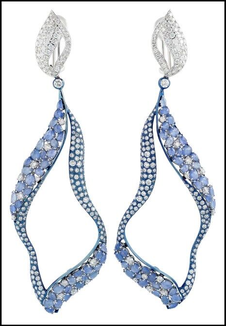 Miiori blue sapphire (just over 14cts) and diamond (11.69cts tw) earrings set in titanium and 18k white gold. Via Diamonds in the Library.