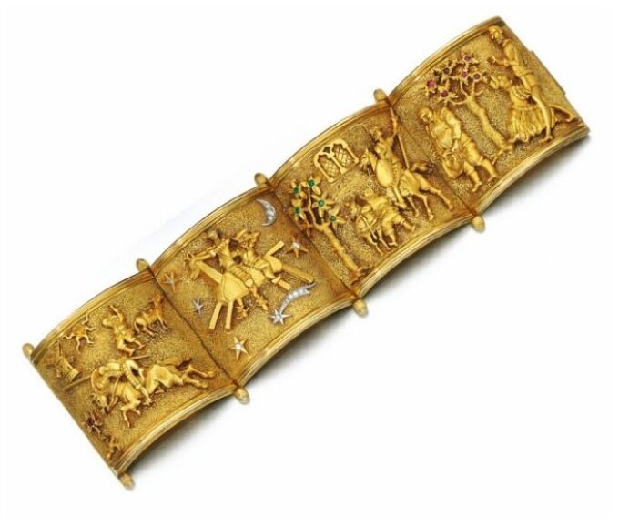 A fabulous bracelet from the 1950's that shows the scenes from the story of Don Quixote.