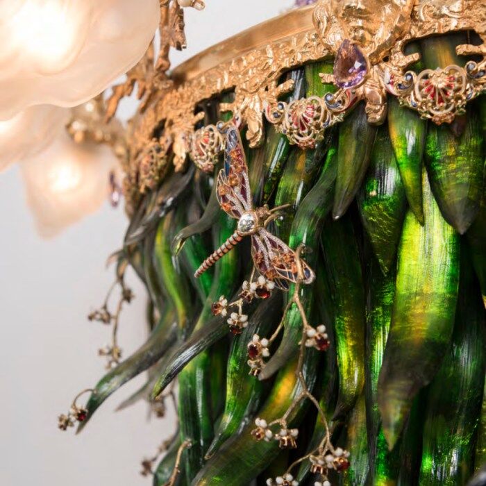Gemstone dragonfly and flower detail on Alhaja, the 23,000 carat gemstone chandelier by Colombian artist Sebastian Jaramillo.