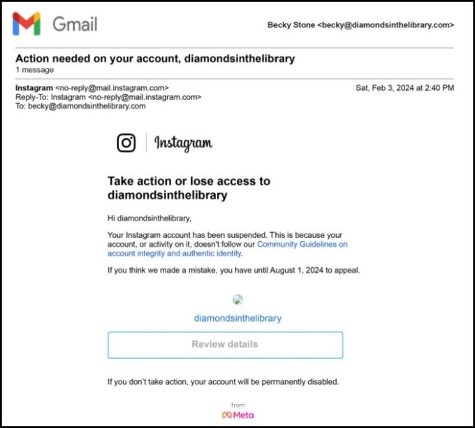Instagram sent an email giving me the option to appeal my Instagram suspension.