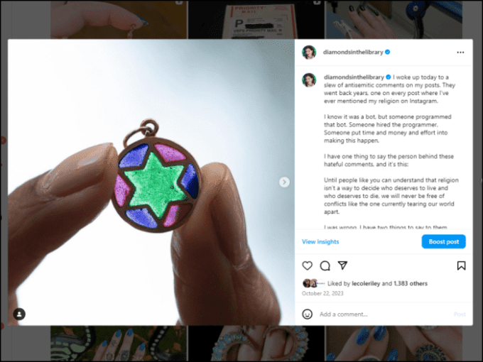 A post that I shared on my Instagram account, @DiamondsintheLibrary, about the antisemitic harassment I've been receiving.