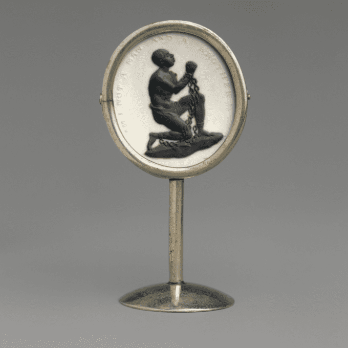 This Wedgewood anti-slavery medallion, circa 1887, says 'Am I Not a Man and a Brother' and was made to support the abolitionist cause. Metropolitan Museum of Art.