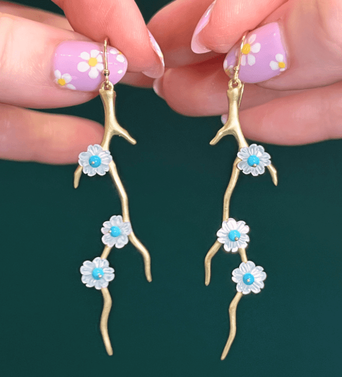 Annette Ferdinandsen Design blossom branch earrings with turquoise and mother of pearl in gold